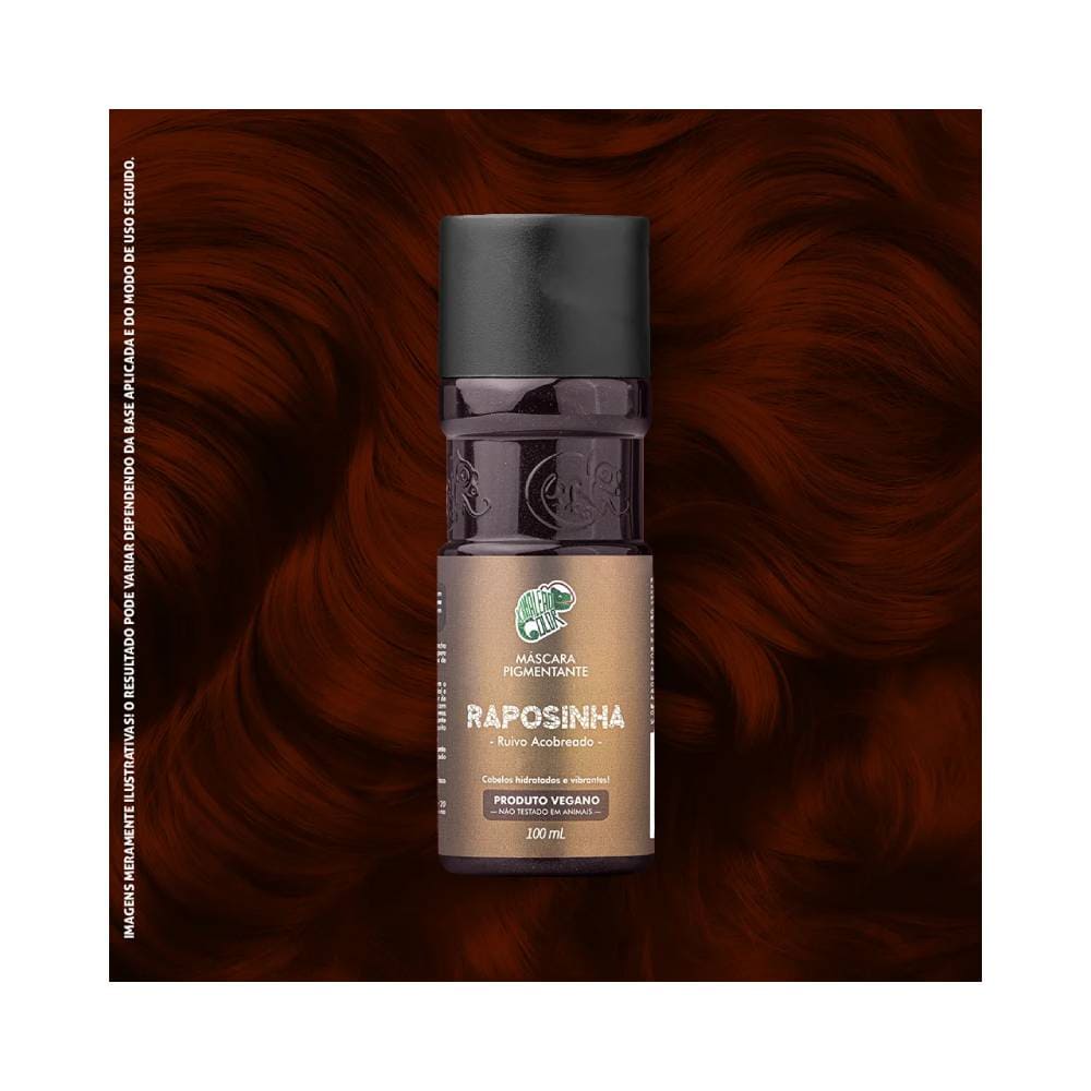 Frasco da Máscara Pigmentante Kamaleão Color Raposinha 100ml com fundo de cabelos ruivos acobreados ondulados