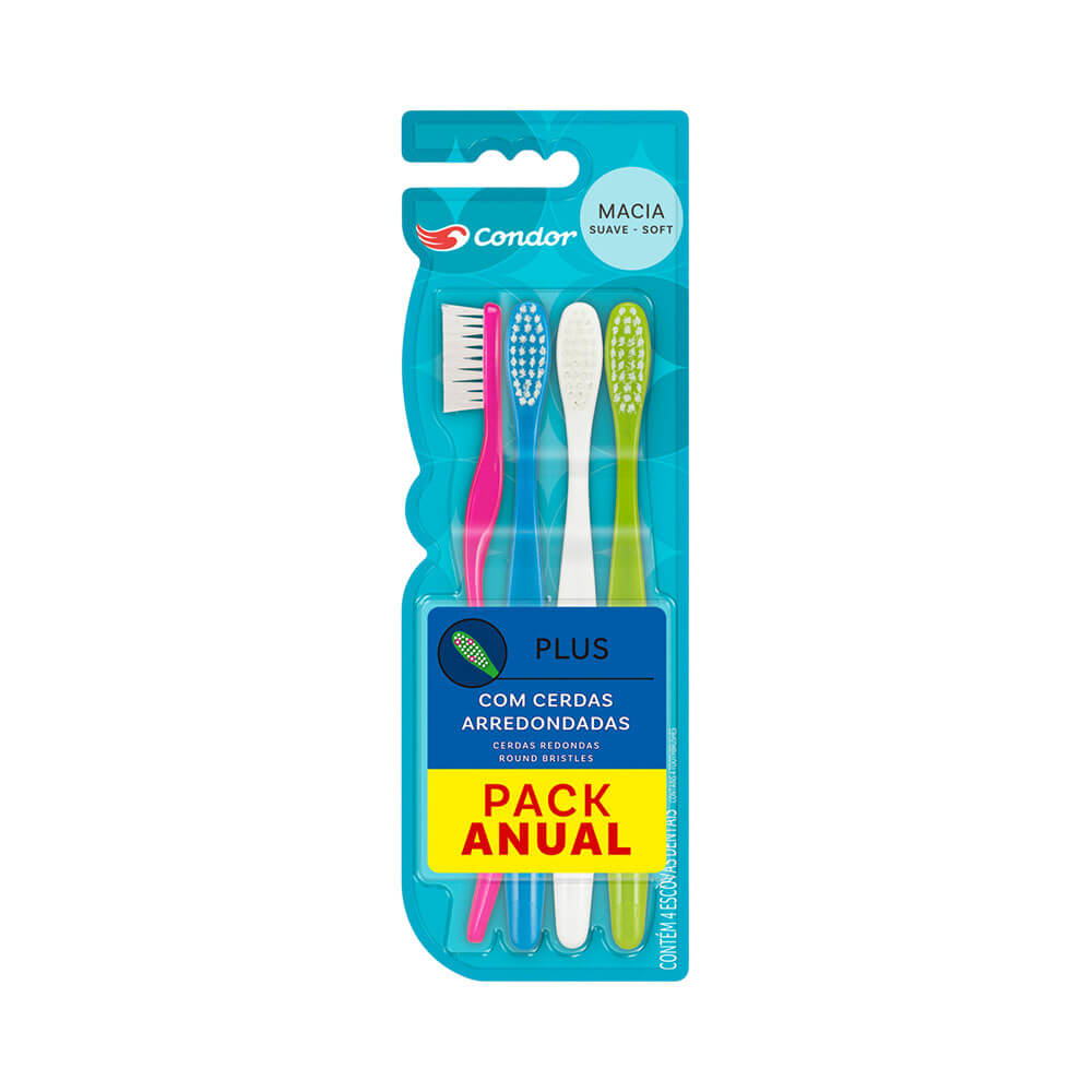 Embalagem do produto Escova Dental Condor Plus Pack Anual com 4 unidades coloridas