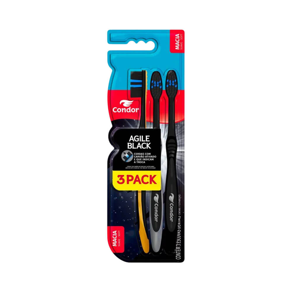 Escova Dental Condor Agile Black 3 Unidades Macia - embalagem frontal preta com detalhes em azul e vermelho