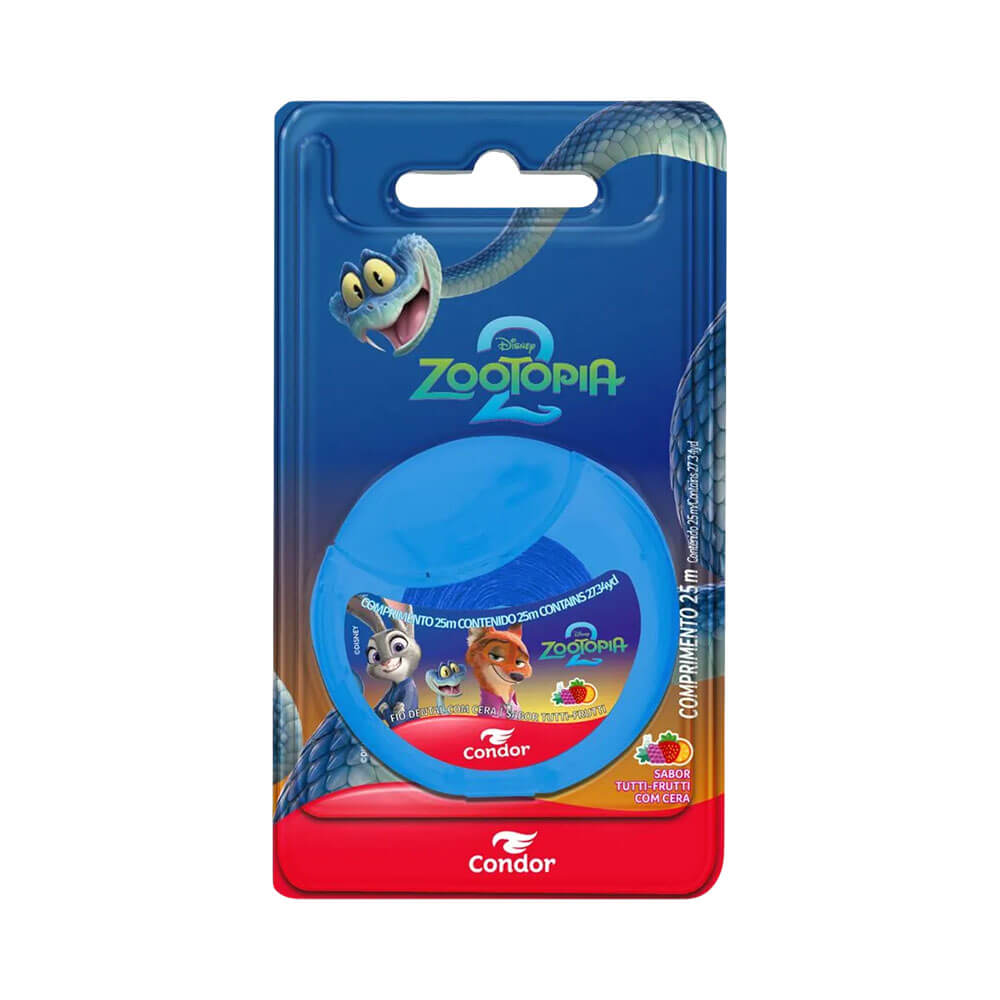 Fio Dental Condor Zootopia 2 com Cera Tutti-Frutti embalagem blister azul e vermelho com personagens do filme Zootopia