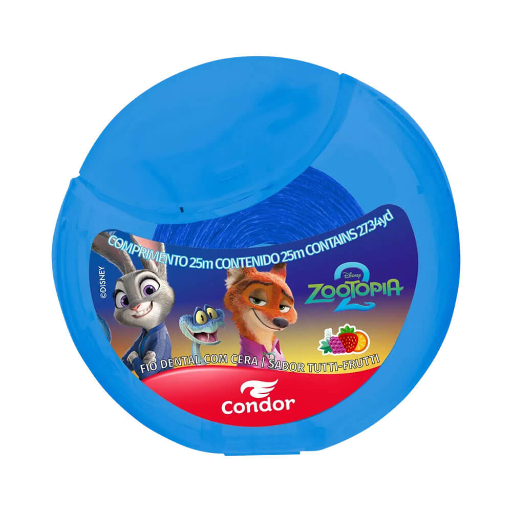 Fio Dental Condor Zootopia 2 com Cera Tutti-Frutti embalagem redonda azul com personagens do filme Zootopia