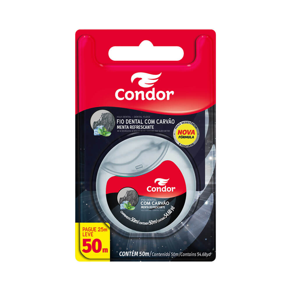 Imagem frontal da embalagem do Fio Dental Condor com Carvão Menta Refrescante 50m