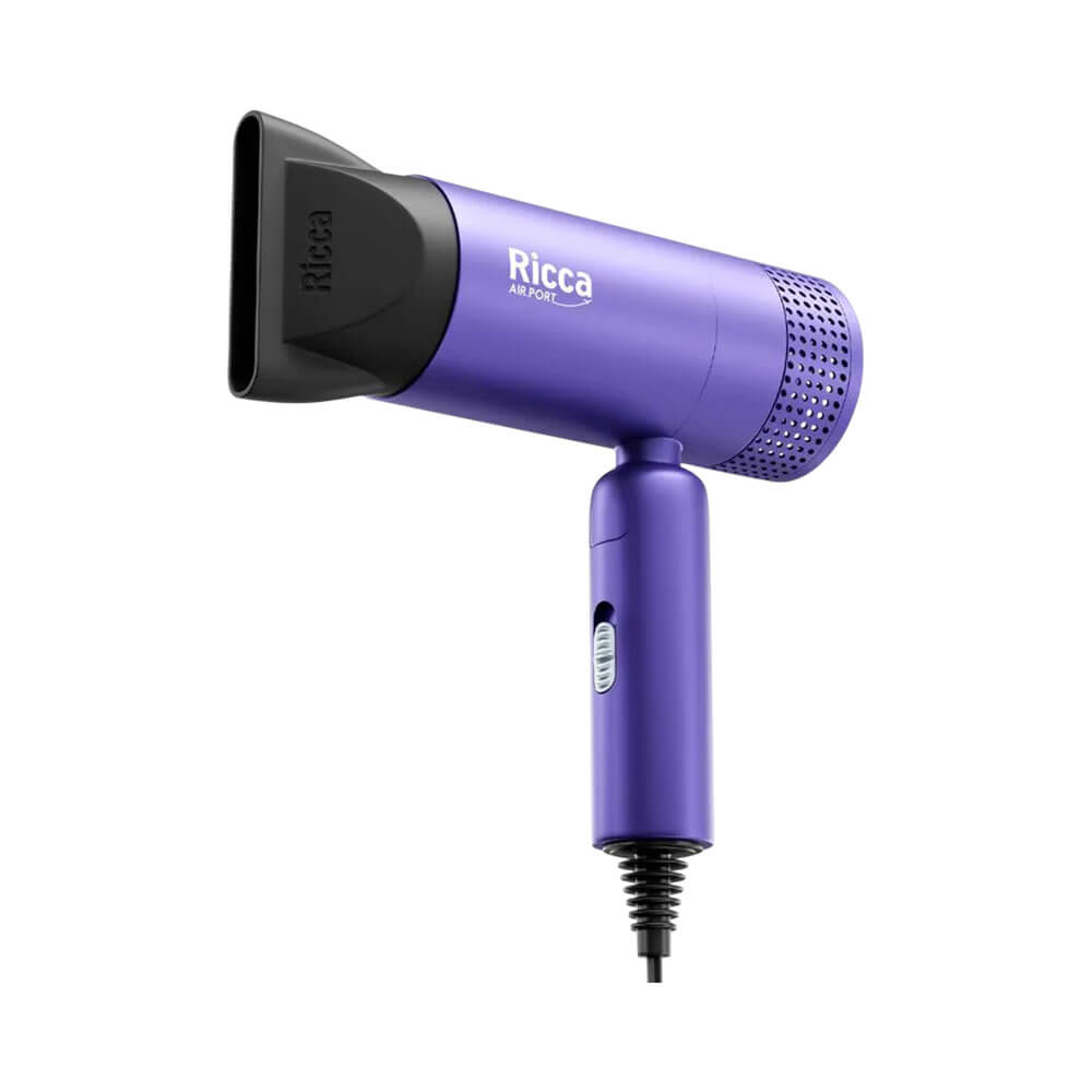 Secador de cabelo portátil Ricca Airport bivolt roxo com bico concentrador preto em fundo branco