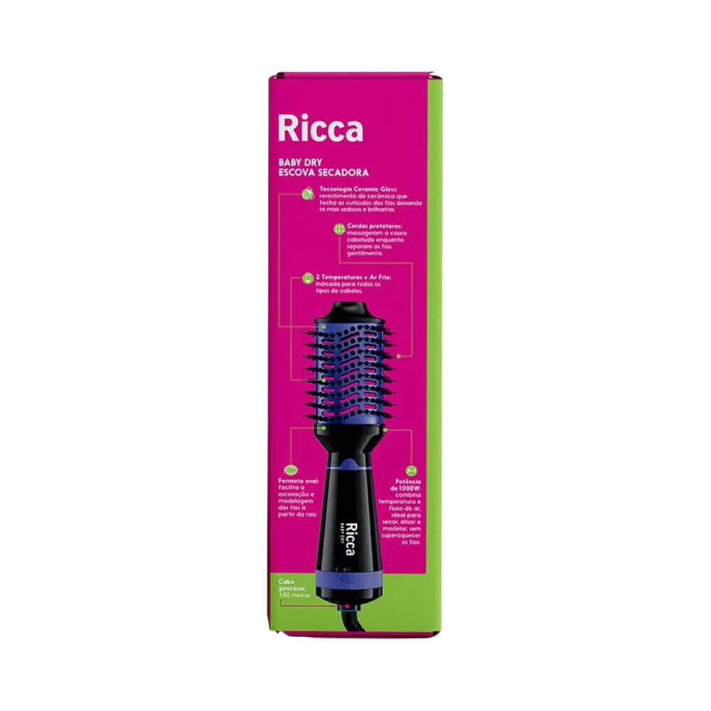 Escova Secadora Ricca Baby Dry 127v dentro de embalagem rosa e verde com informações do produto