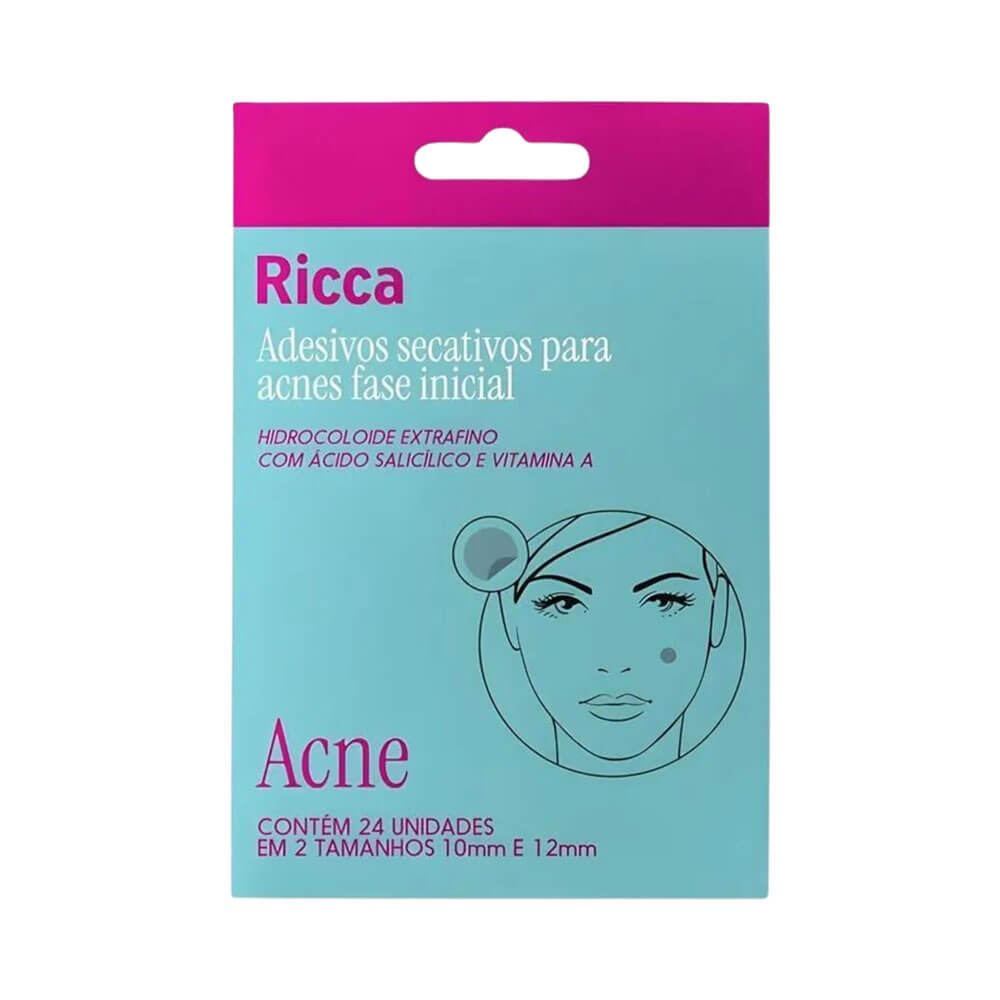 Embalagem do Adesivo Secativo Ricca para Acne Fase Inicial com 24 unidades em dois tamanhos.