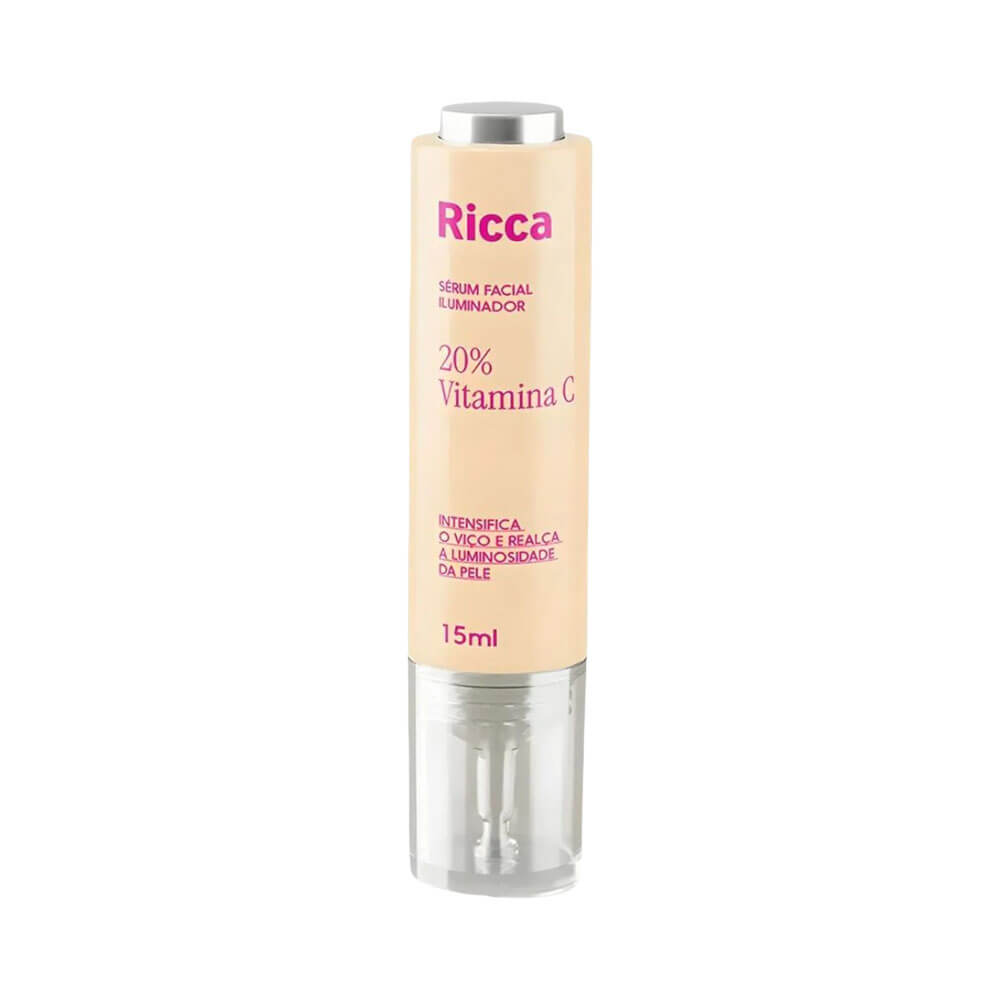 Frasco do Sérum Facial Ricca Vitamina C Iluminador 15ml em embalagem bege clara com tampa prateada