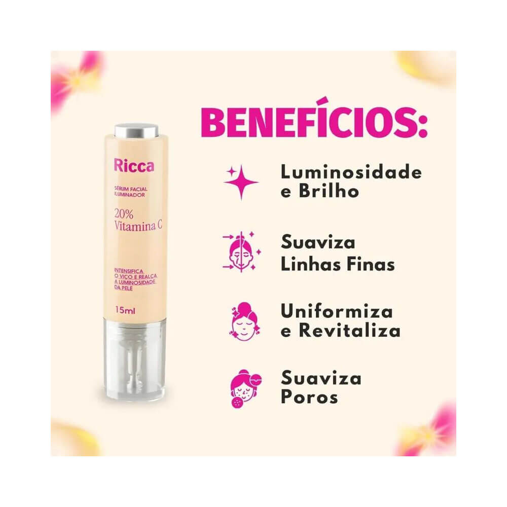 Imagem promocional do Sérum Facial Ricca Vitamina C Iluminador 15ml com lista de benefícios