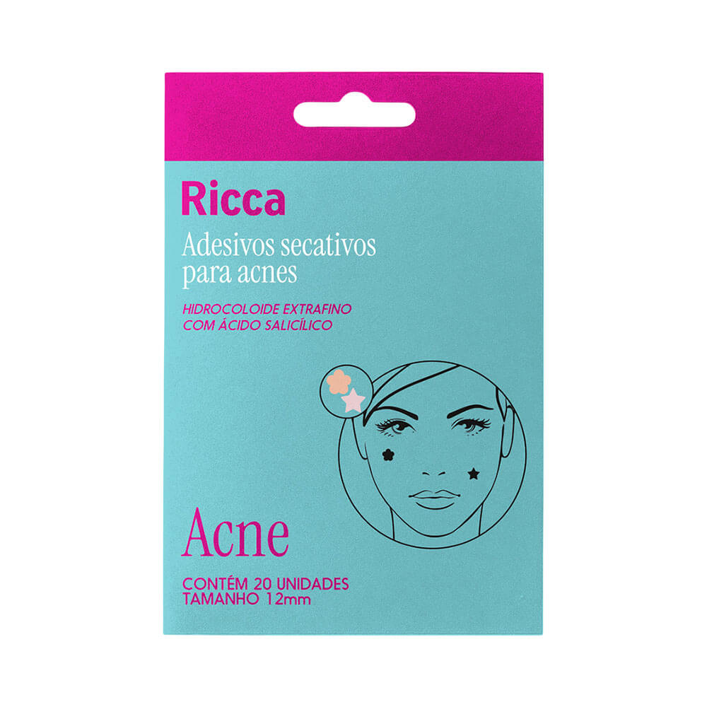Embalagem do produto Adesivo Secativo Ricca para Acne Flor e Estrela com fundo azul claro e topo rosa