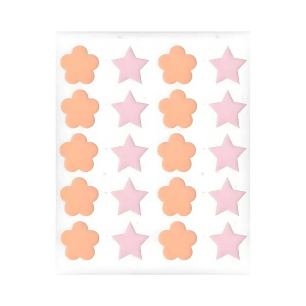 Cartela com 20 adesivos secativos Ricca para acne em formatos de flor e estrela