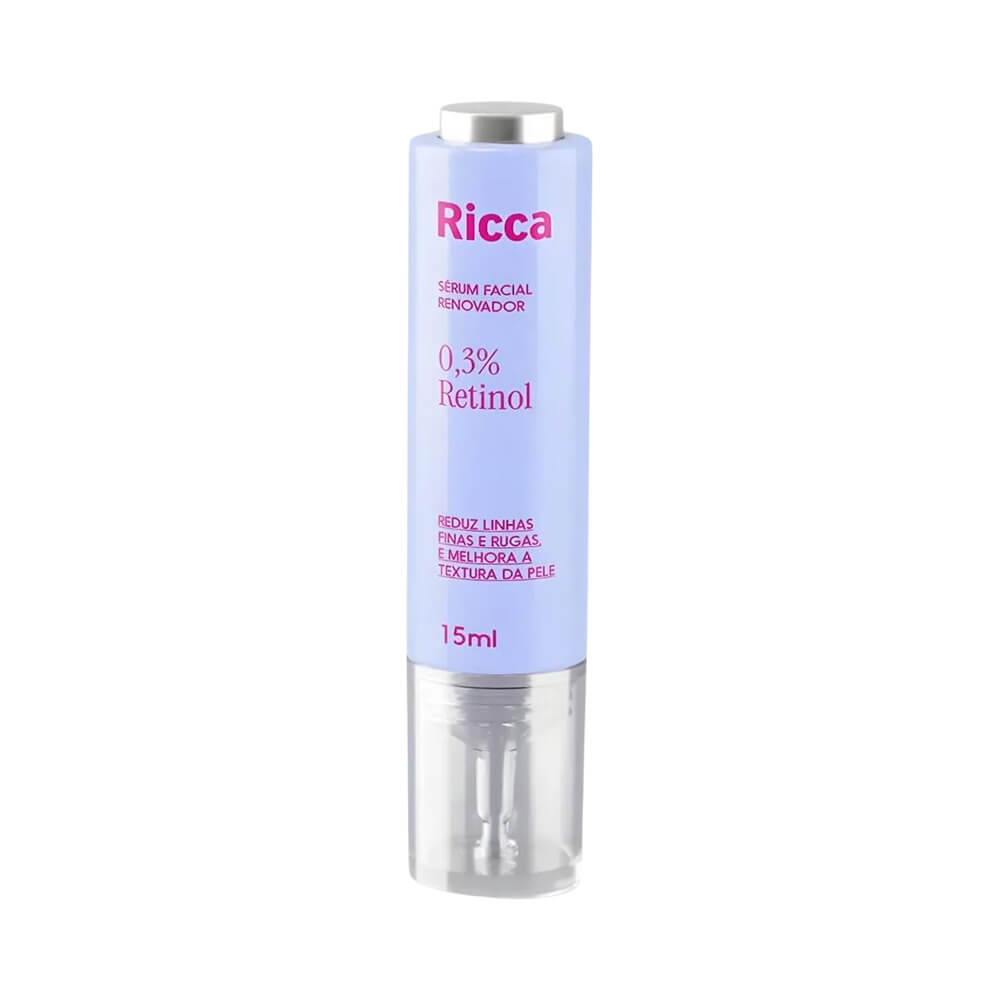 Frasco de sérum facial Ricca Retinol Renovador 15ml com tampa prateada e aplicador transparente