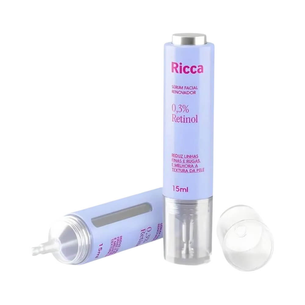Dois frascos do sérum facial Ricca Retinol Renovador 15ml, um em pé e outro deitado