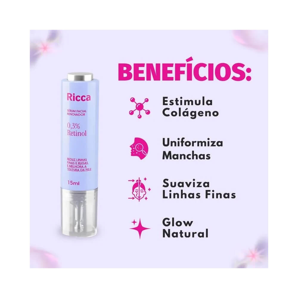 Imagem promocional do sérum facial Ricca Retinol Renovador 15ml com fundo lilás claro