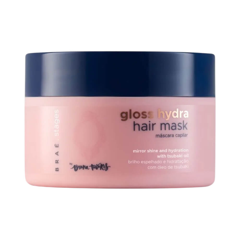 Máscara Capilar Braé Stages Bruna Tavares Gloss Hydra 200g pote rosa claro com tampa azul escura