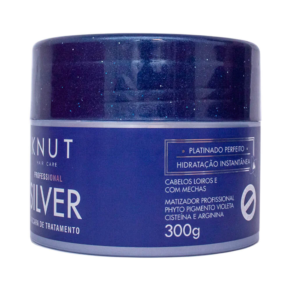 Detalhes do rótulo da Máscara Capilar Knut Silver Cisteíne 300g mostrando ingredientes e indicações