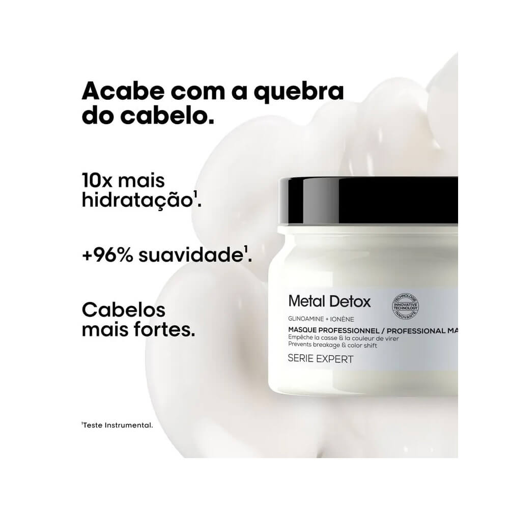 Frasco branco da Máscara Capilar L'Oréal Professionnel Metal Detox com ilustrações de flores e frutas