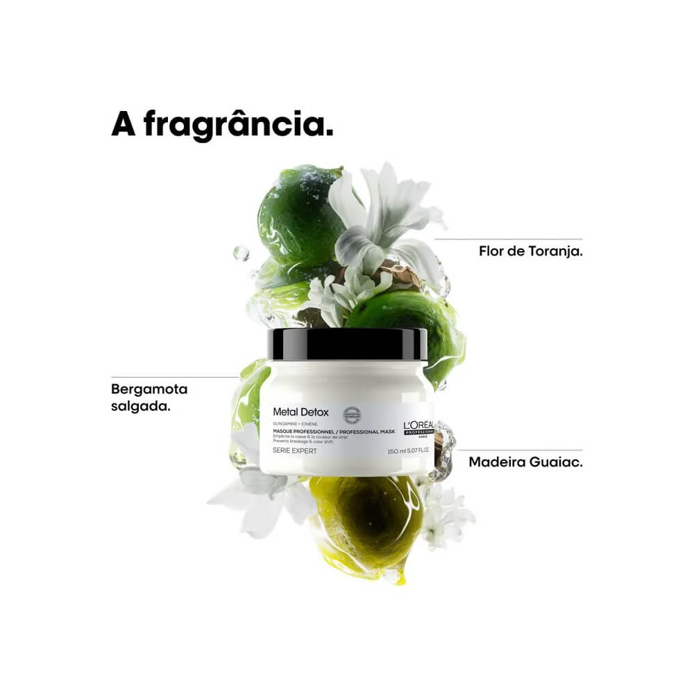 Frasco da Máscara Capilar L'Oréal Professionnel Metal Detox com destaque para ingredientes veganos e energia renovável