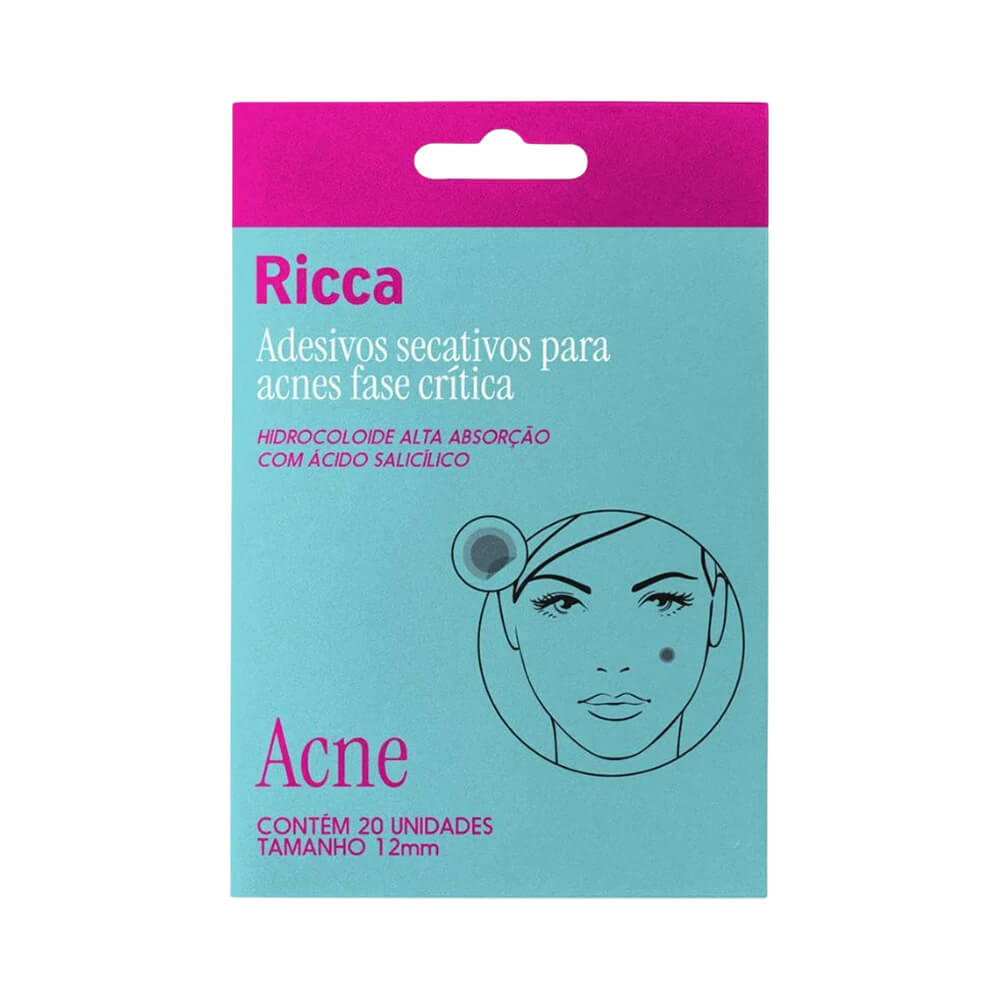 Embalagem do Adesivo Secativo Ricca para Acne Fase Crítica com destaque para ácido salicílico e alta absorção
