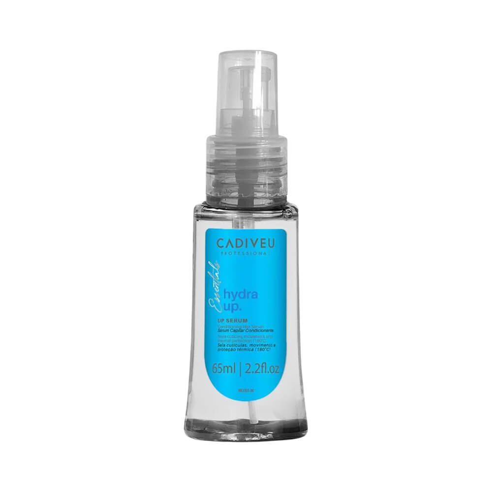 Frasco transparente do Sérum Capilar Cadiveu Essentials Hydra Up 65ml com rótulo azul e tampa spray