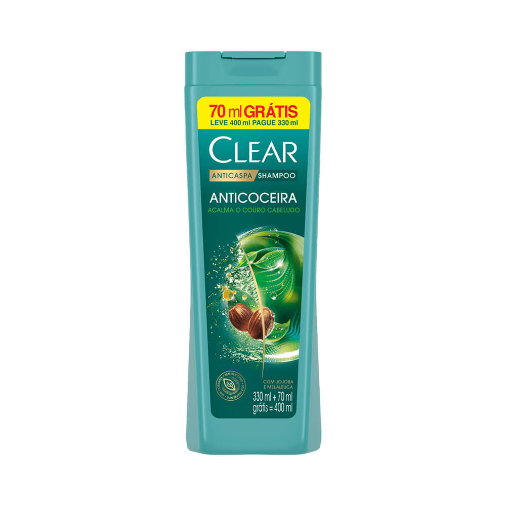 Frasco do Shampoo Clear Botanique Anticoceira 400ml com design verde-azulado e selo de 70 ml grátis