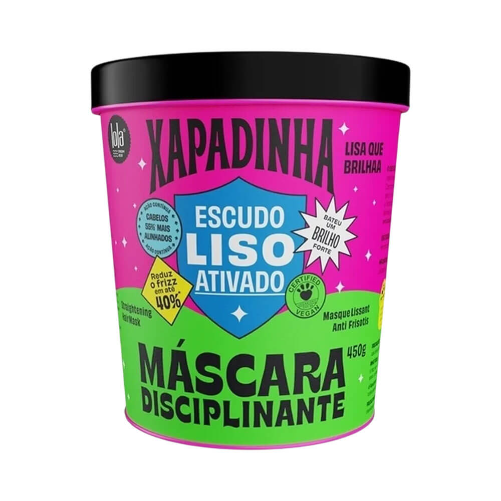 Máscara Capilar Lola Xapadinha Disciplinante 450g em pote rosa e verde com tampa preta