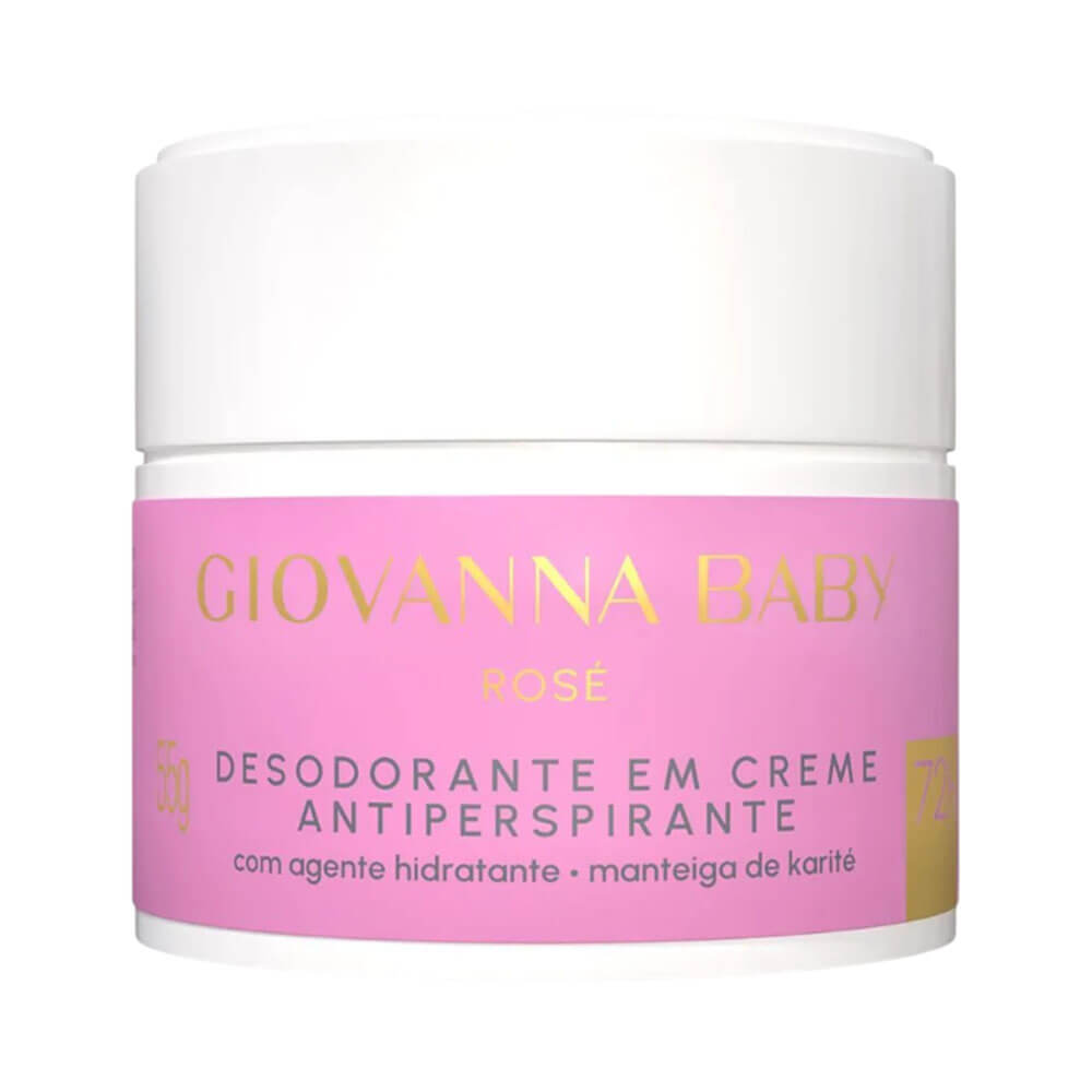 Desodorante creme Giovanna Baby Rosé 55g em pote branco com rótulo rosa claro e texto dourado e preto.