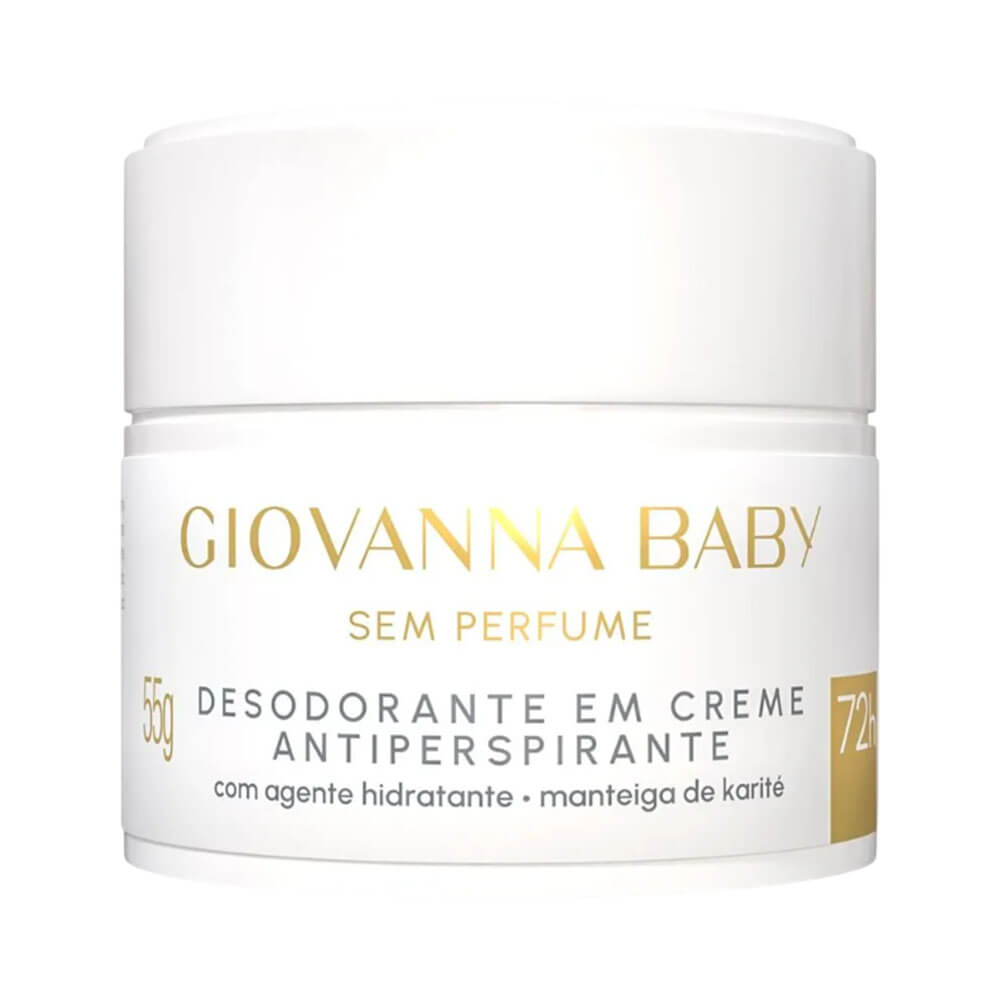 Frasco branco de desodorante creme Giovanna Baby Sem Perfume 55g com rótulo branco e dourado
