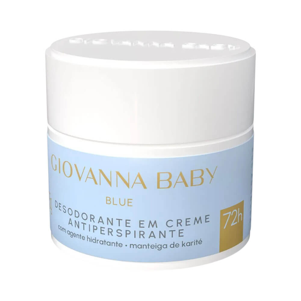 Desodorante creme Giovanna Baby Blue 55g vista lateral com rótulo azul claro