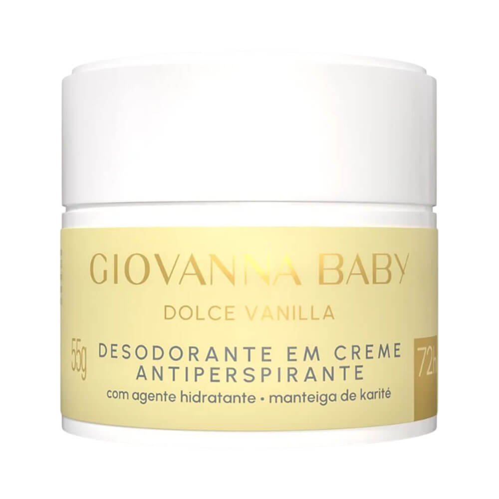 Desodorante creme Giovanna Baby Dolce Vanilla 55g com embalagem branca e detalhes amarelo claro