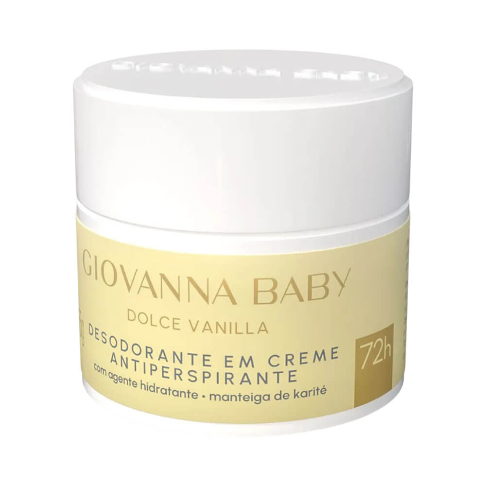 Vista lateral do desodorante creme Giovanna Baby Dolce Vanilla 55g mostrando detalhes da embalagem