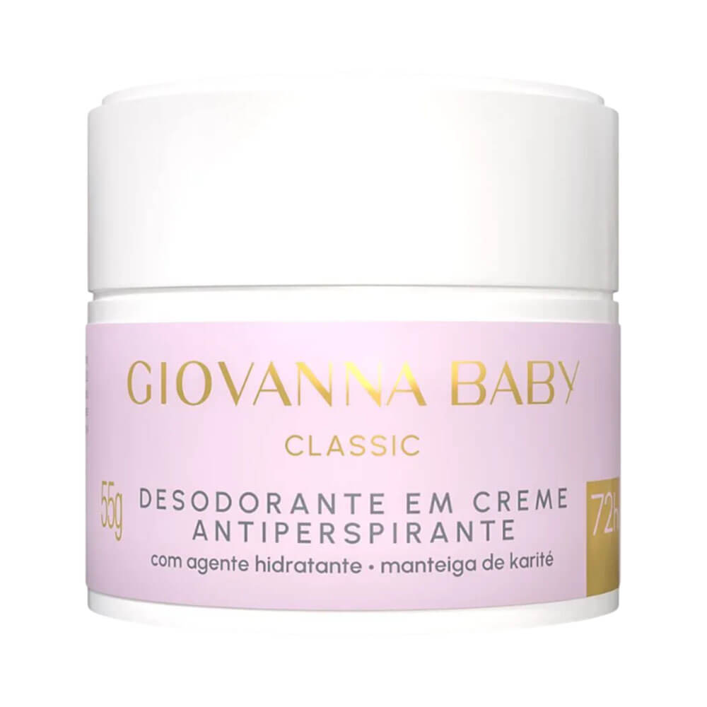Desodorante Creme Giovanna Baby Classic 55g em pote branco com rótulo lilás e texto dourado