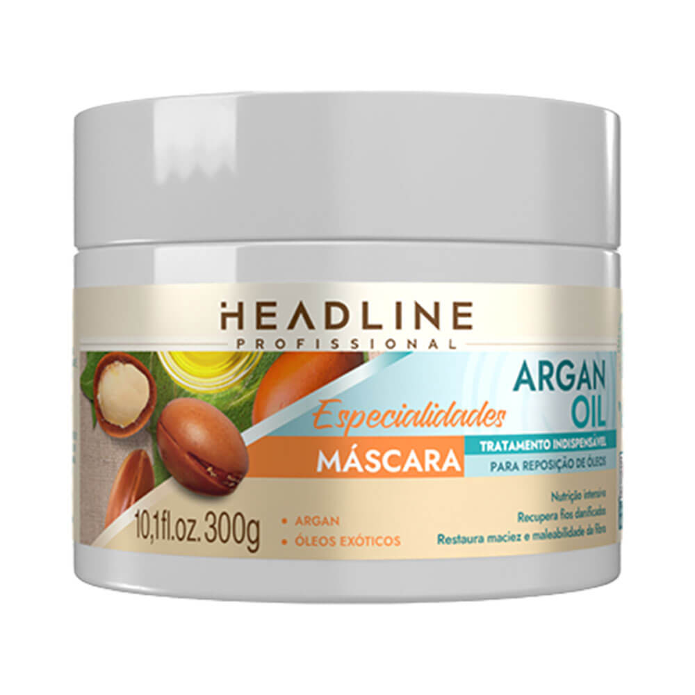 Máscara Capilar Headline Especialidades Argan Oil 300g em pote branco com tampa cinza claro