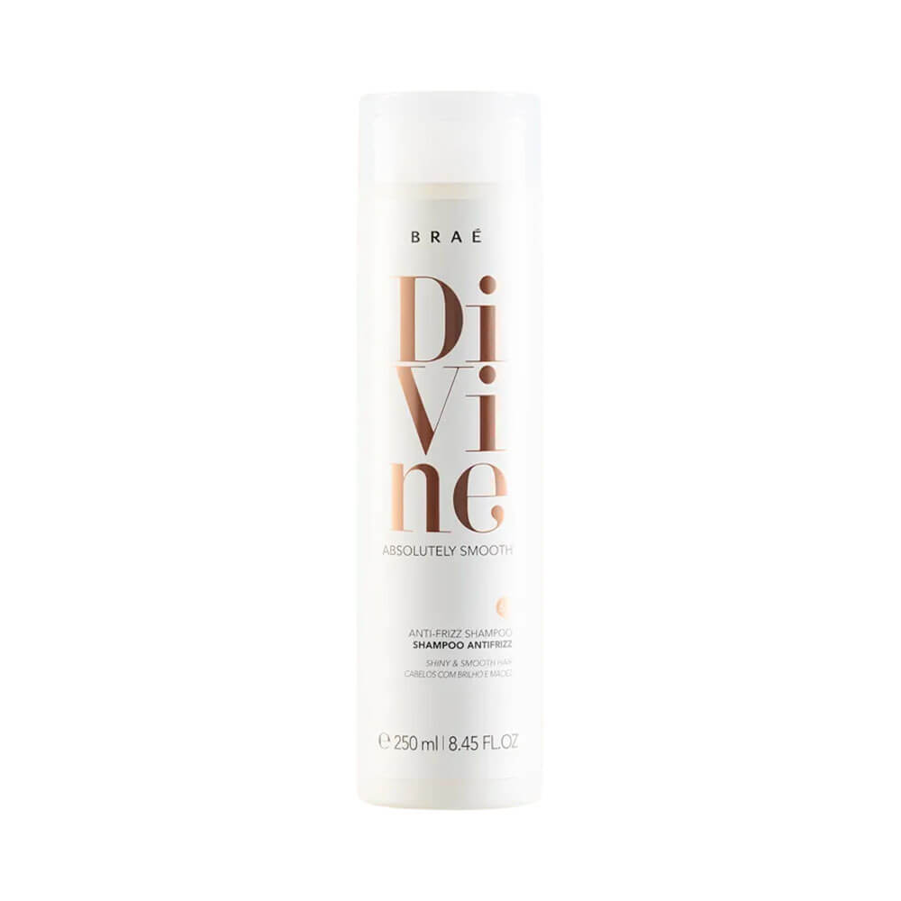 Frontal view of Shampoo Braé Divine Antifrizz 250ml bottle with minimalist design