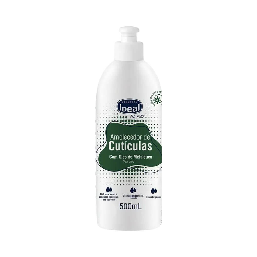 Amolecedor de Cutículas Ideal com Óleo de Melaleuca 500ml embalagem branca com detalhes verdes