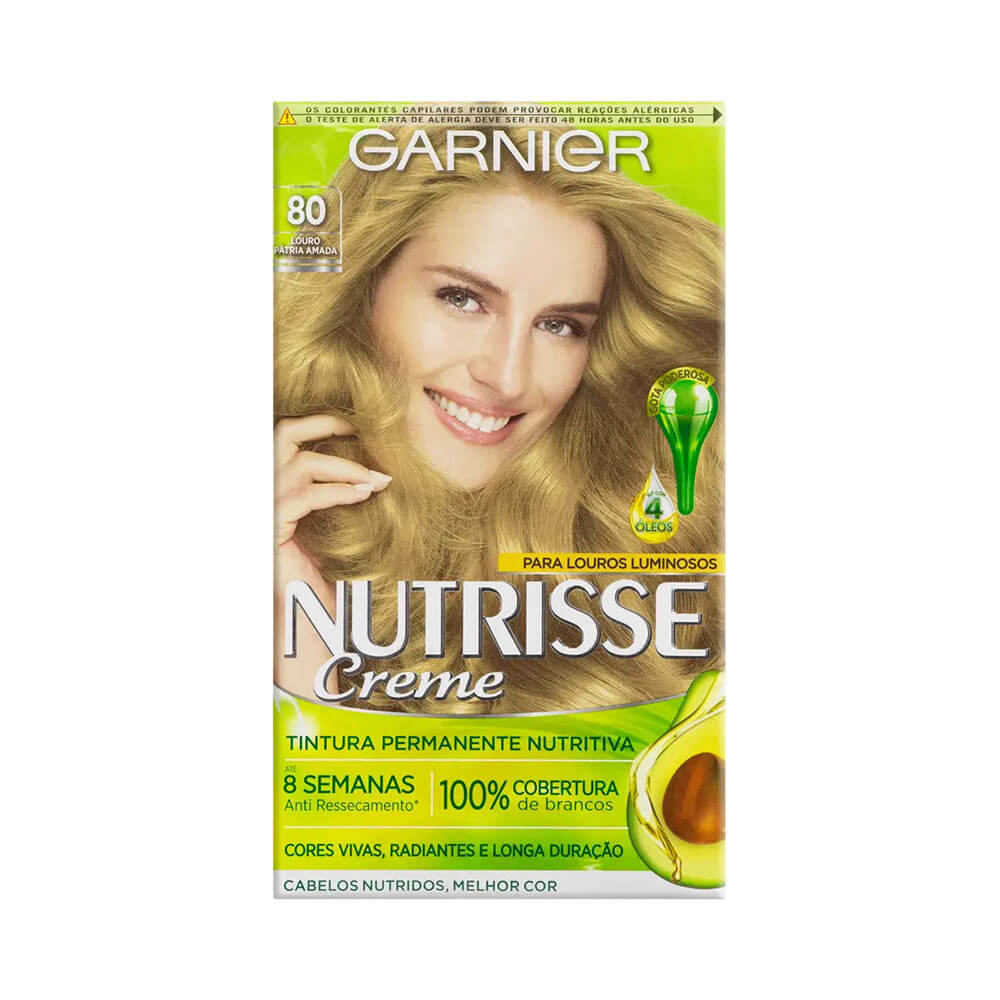Embalagem frontal da coloração Garnier Nutrisse 80 Louro Pátria Amada com imagem de mulher loira sorridente
