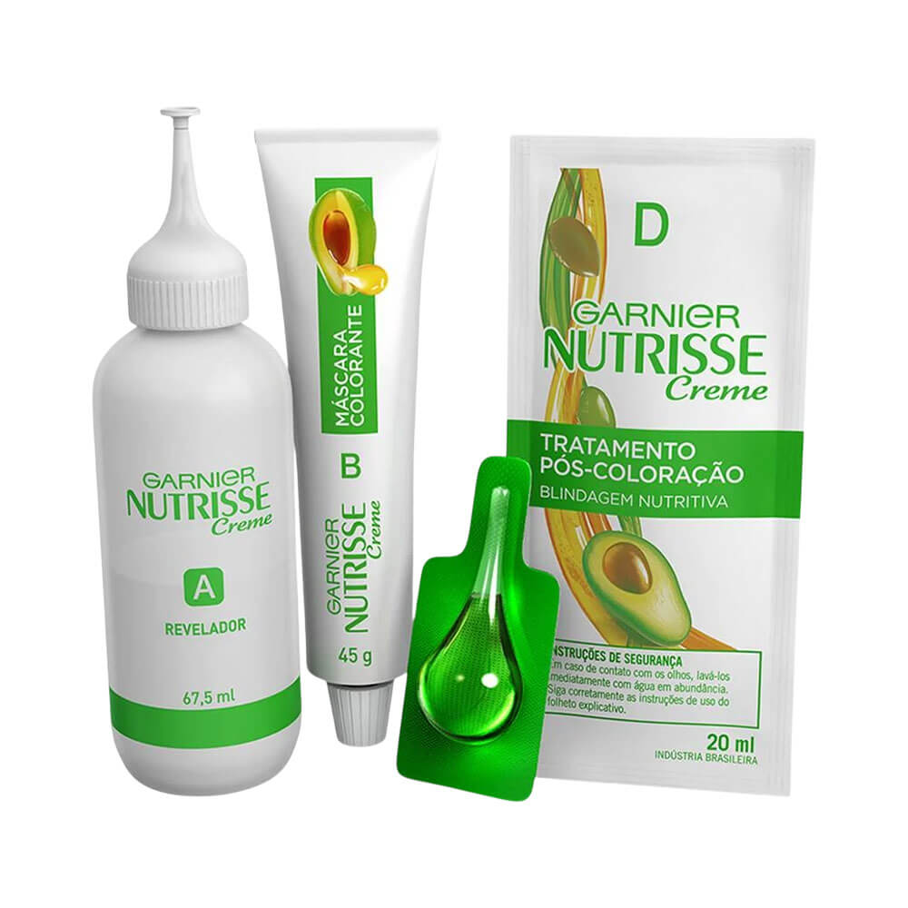 Componentes da coloração Garnier Nutrisse 80 Louro Pátria Amada: tubo máscara colorante, frasco revelador e ampolas de tratamento