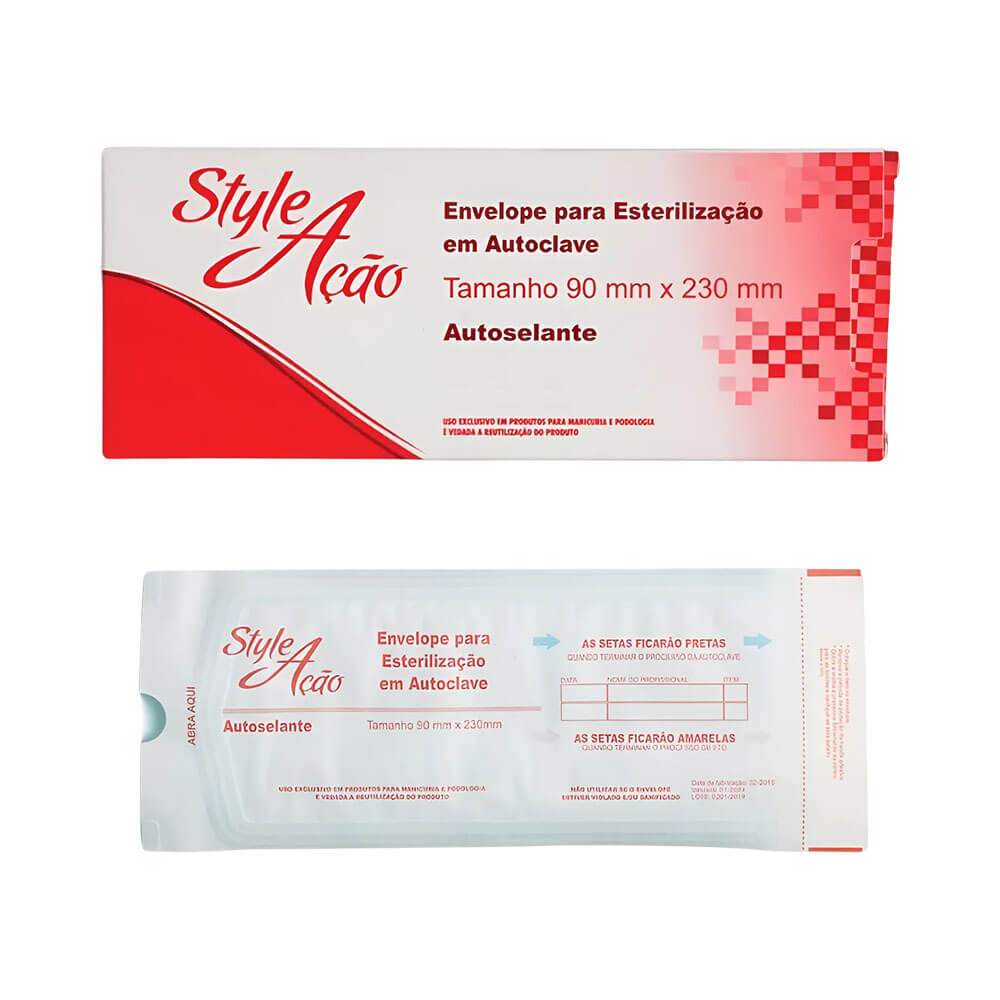 Envelope Style Ação para Autoclave aberto mostrando detalhes do produto
