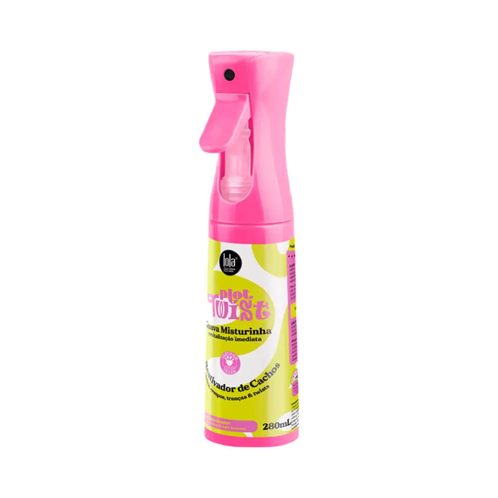 Frasco spray rosa vibrante do Reativador de Cachos Lola Plot Twist Guava Misturinha 150ml com rótulo amarelo e rosa