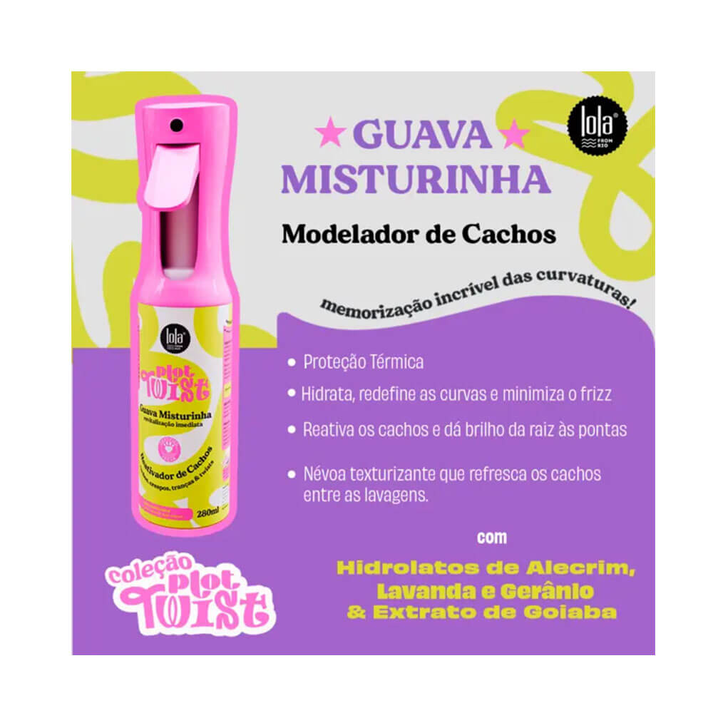Imagem promocional do Reativador de Cachos Lola Plot Twist Guava Misturinha 150ml destacando ingredientes naturais