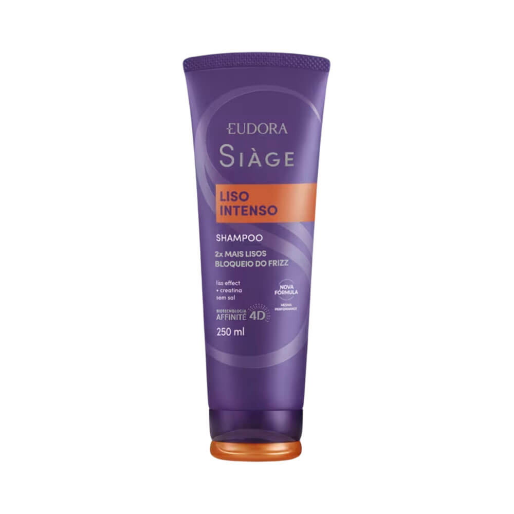 Shampoo Siàge Liso Intenso embalagem 250ml tubo roxo com tampa laranja
