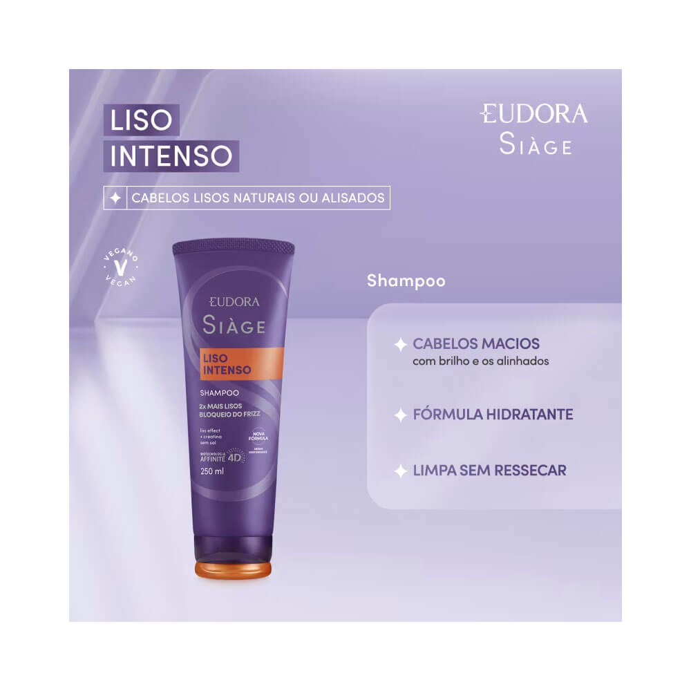 Shampoo Siàge Liso Intenso embalagem roxa com detalhes em laranja para cabelos lisos naturais ou alisados