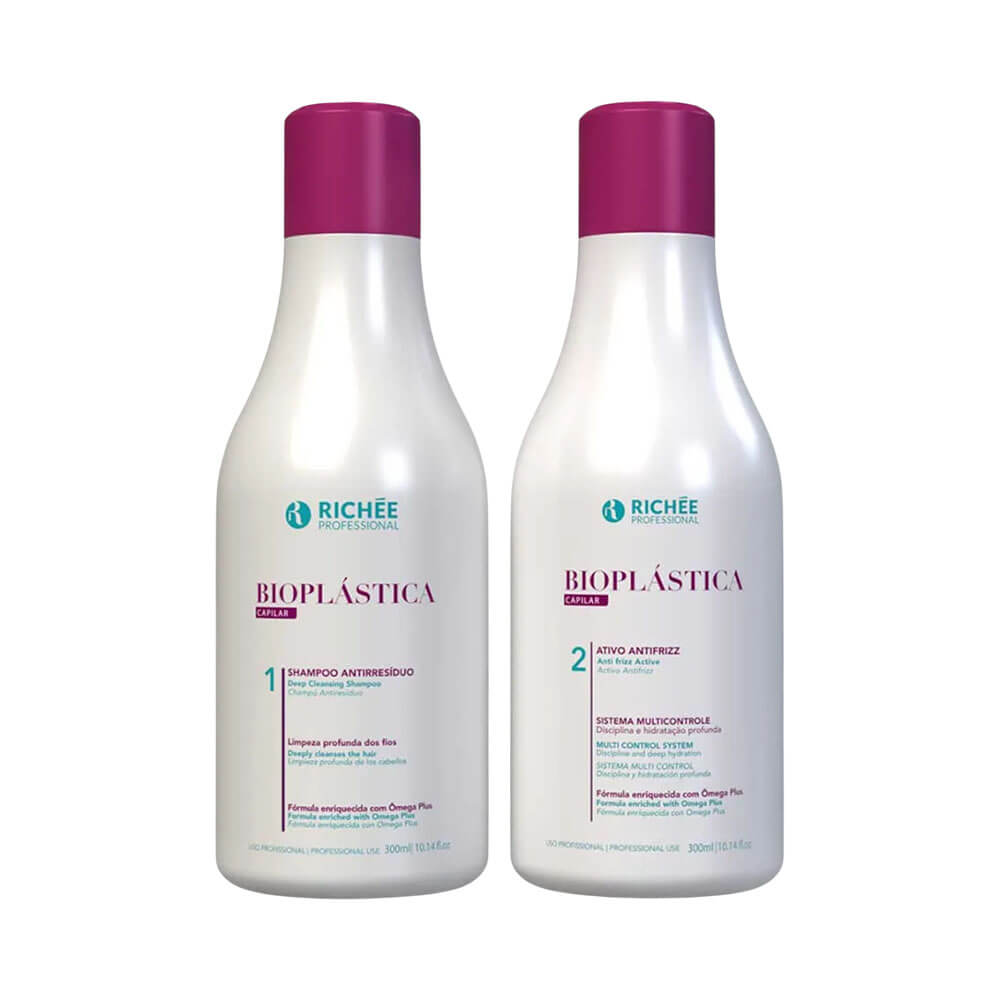 Kit Richée Shampoo Antirresíduo e Ativo Antifrizz Bioplástica 300ml com embalagens brancas e detalhes em rosa