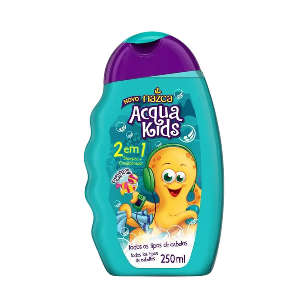 Frontal da embalagem do Shampoo Acqua Kids 2 em 1 Tutti Frutti 250ml Nazca