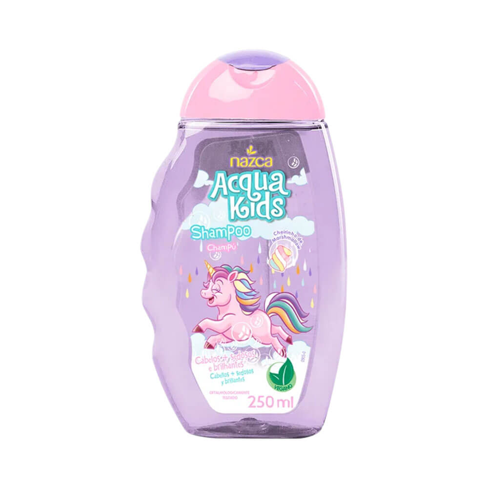 Frasco do Shampoo Acqua Kids Marshmallow Nazca 250ml com ilustração de unicórnio e tampa rosa
