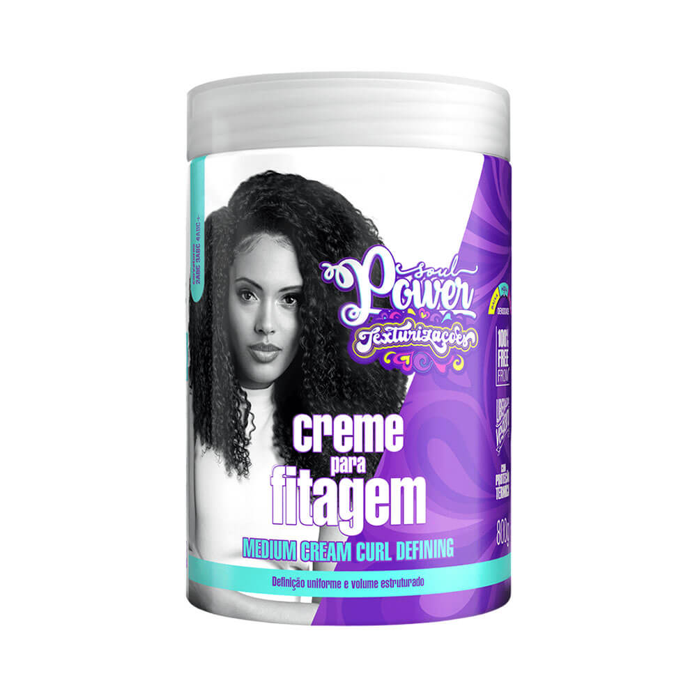 Creme de Fitagem Soul Power Texturizações 800g em pote branco com tampa cinza clara e etiqueta roxa com imagem de mulher cacheada