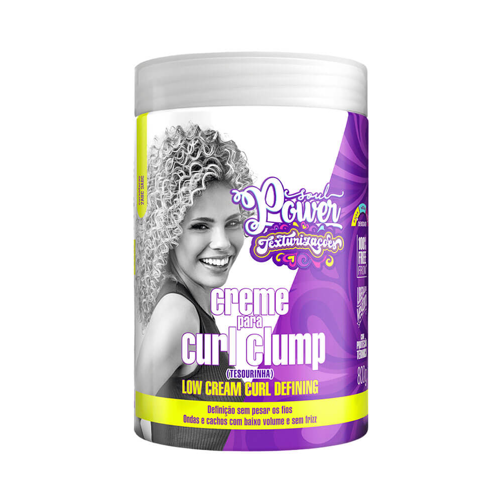 Creme de Curl Clump Soul Power Texturizações 800g em embalagem plástica roxa com imagem de mulher cacheada sorridente