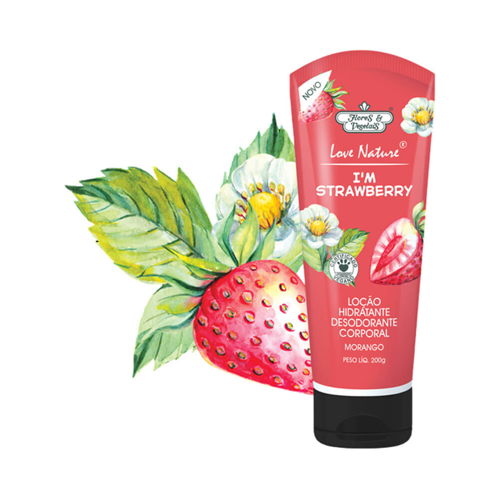 Loção Corporal Flores & Vegetais Love Nature Morango 200g destacando embalagem e ilustração de morango