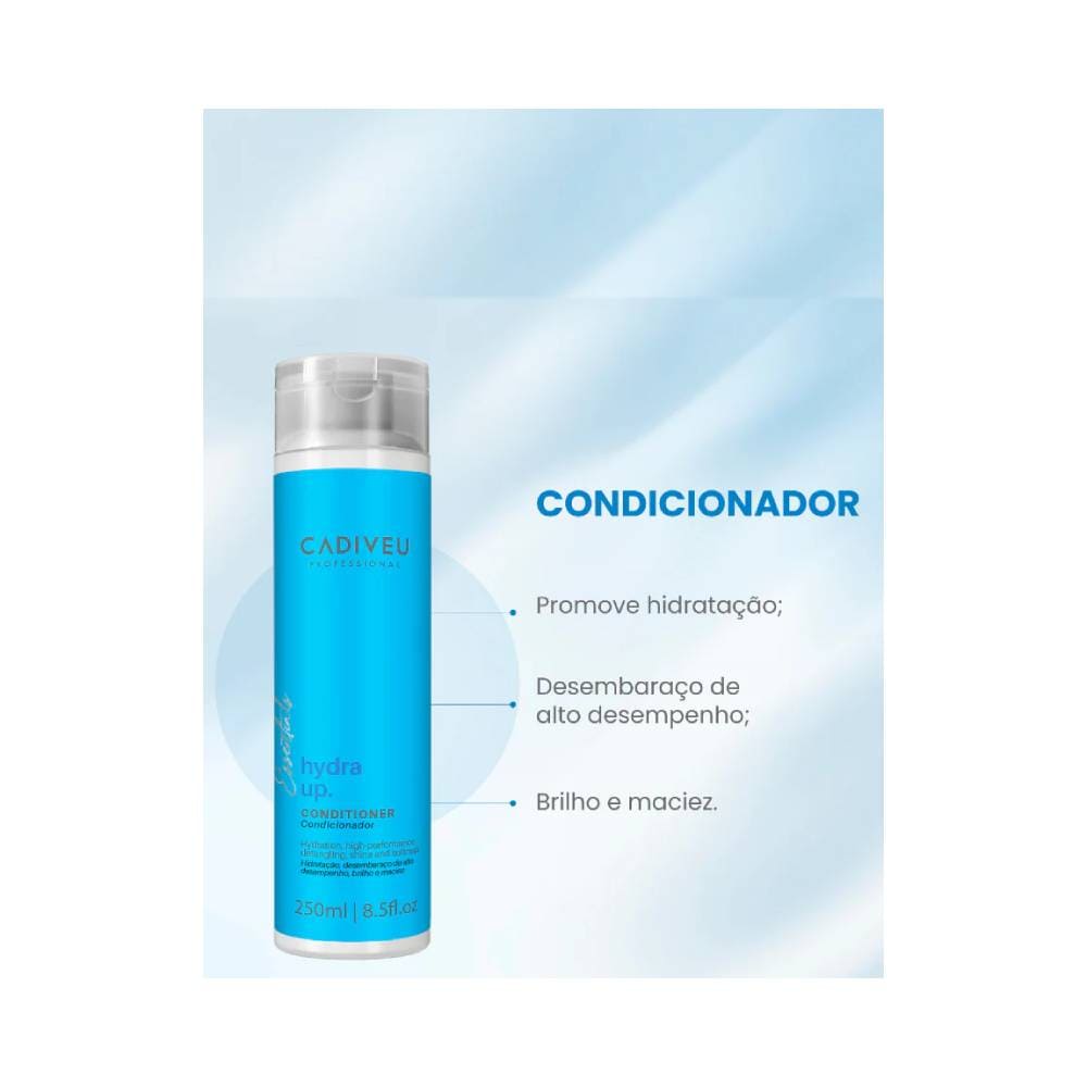 Condicionador Cadiveu Essentials Hydra Up 250ml com destaque para benefícios de brilho e desembaraço