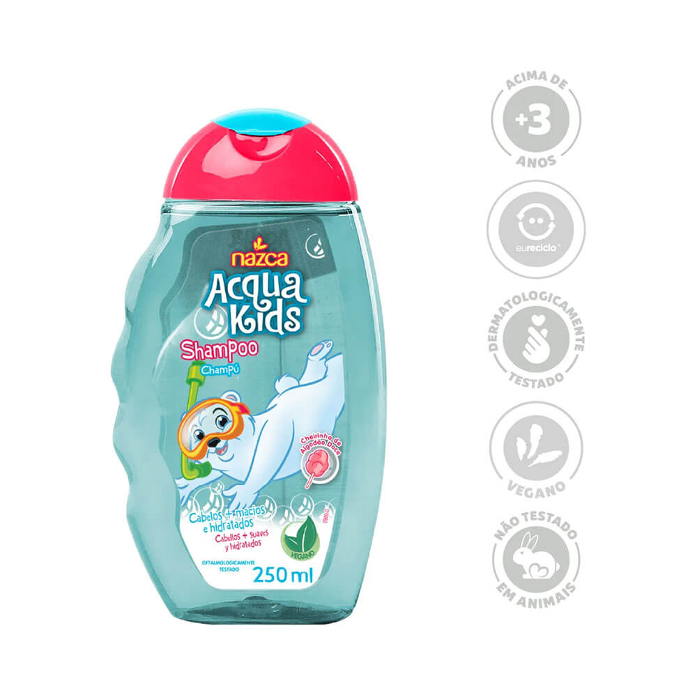 Frasco do Shampoo Acqua Kids Algodão Doce 250ml com selo de atributos e ilustração de urso polar com óculos de mergulho