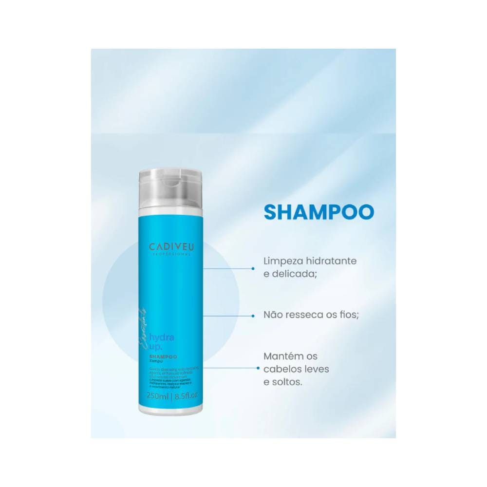 Shampoo Cadiveu Essentials Hydra Up 250ml com fundo azul claro e destaque dos benefícios