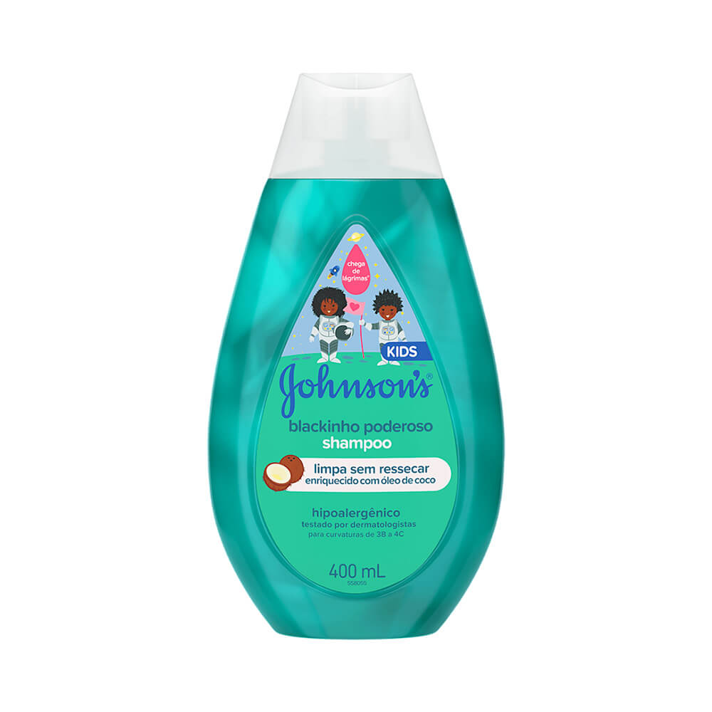 Shampoo Johnson's Baby Blackinho Poderoso 200ml em embalagem azul translúcida com tampa branca